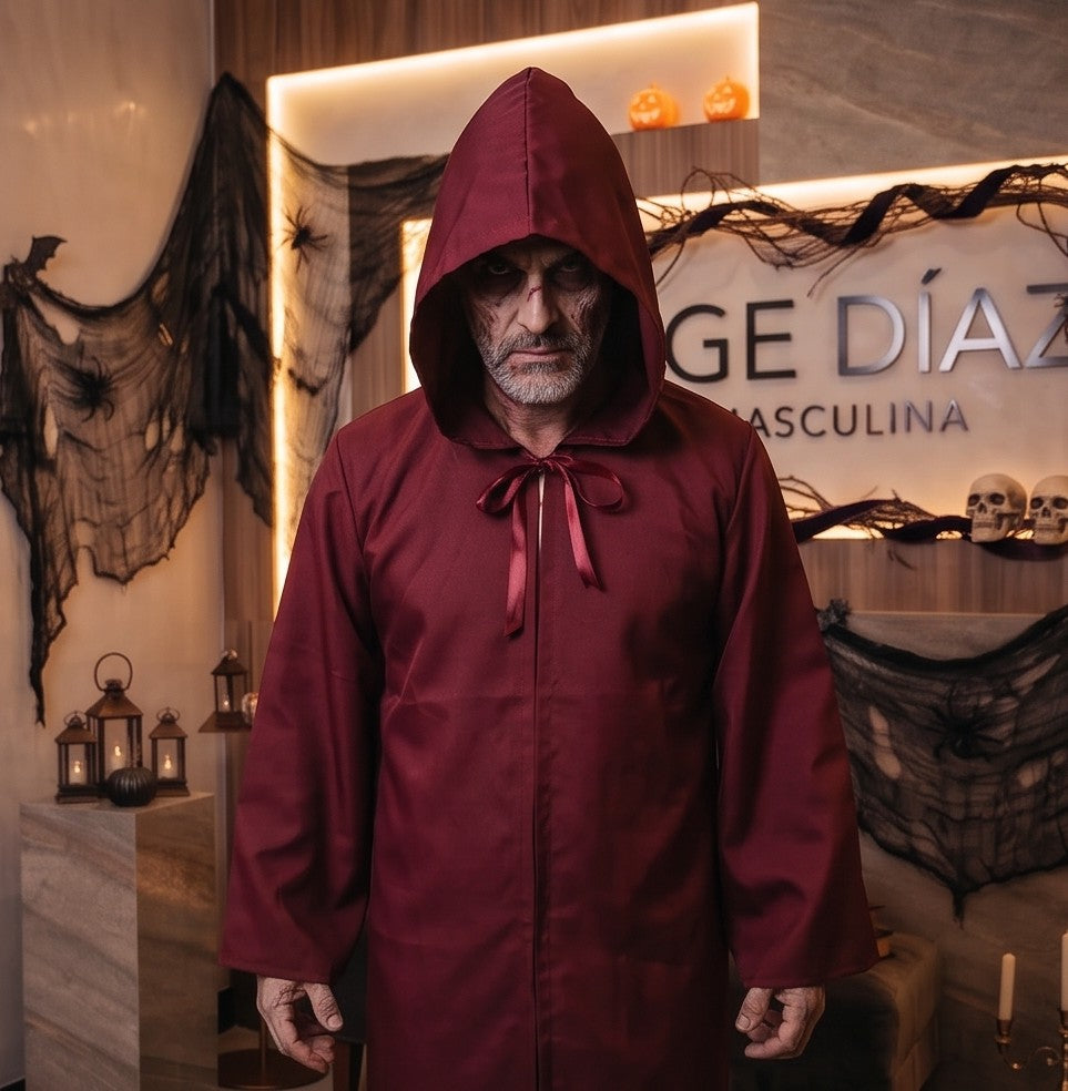 Túnica larga unisex con capucha amplia y lazo frontal ajustable, disfraz de fantasía medieval y hechicero para Halloween o cosplay, disponible en negro, rojo vino, marrón café, blanco y azul