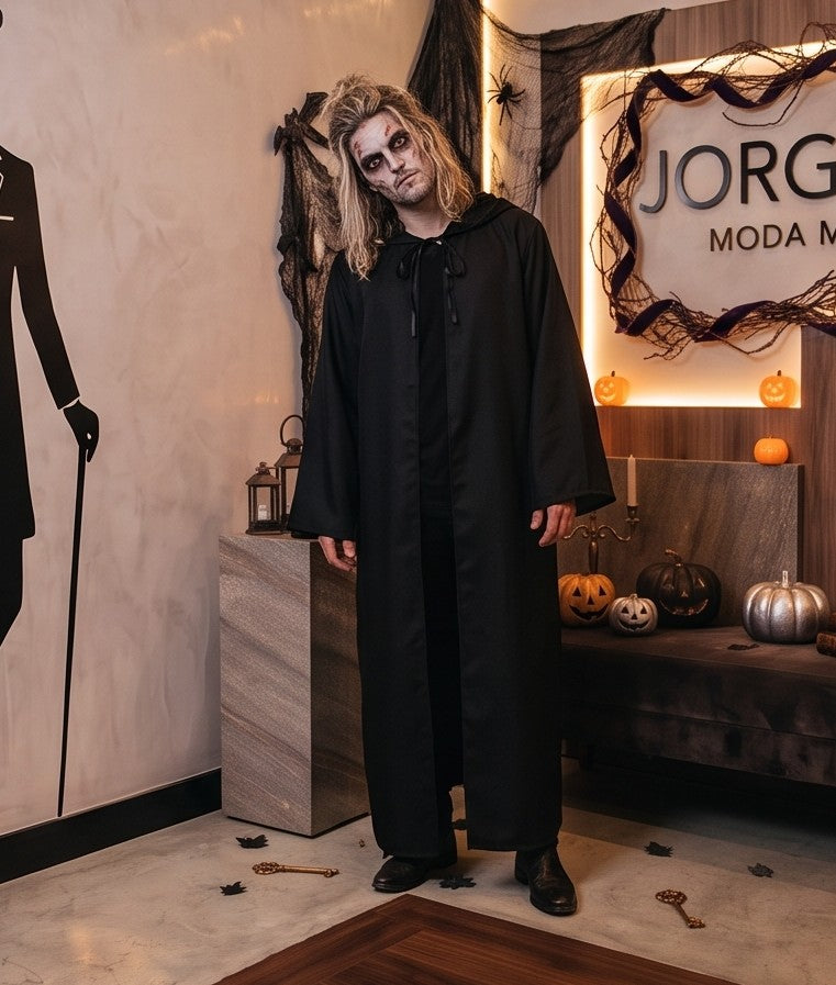 Túnica larga unisex con capucha amplia y lazo frontal ajustable, disfraz de fantasía medieval y hechicero para Halloween o cosplay, disponible en negro, rojo vino, marrón café, blanco y azul