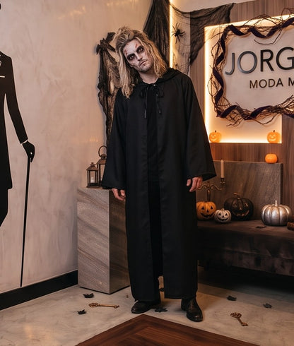 Túnica larga unisex con capucha amplia y lazo frontal ajustable, disfraz de fantasía medieval y hechicero para Halloween o cosplay, disponible en negro, rojo vino, marrón café, blanco y azul