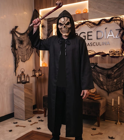 Túnica larga unisex con capucha amplia y lazo frontal ajustable, disfraz de fantasía medieval y hechicero para Halloween o cosplay, disponible en negro, rojo vino, marrón café, blanco y azul