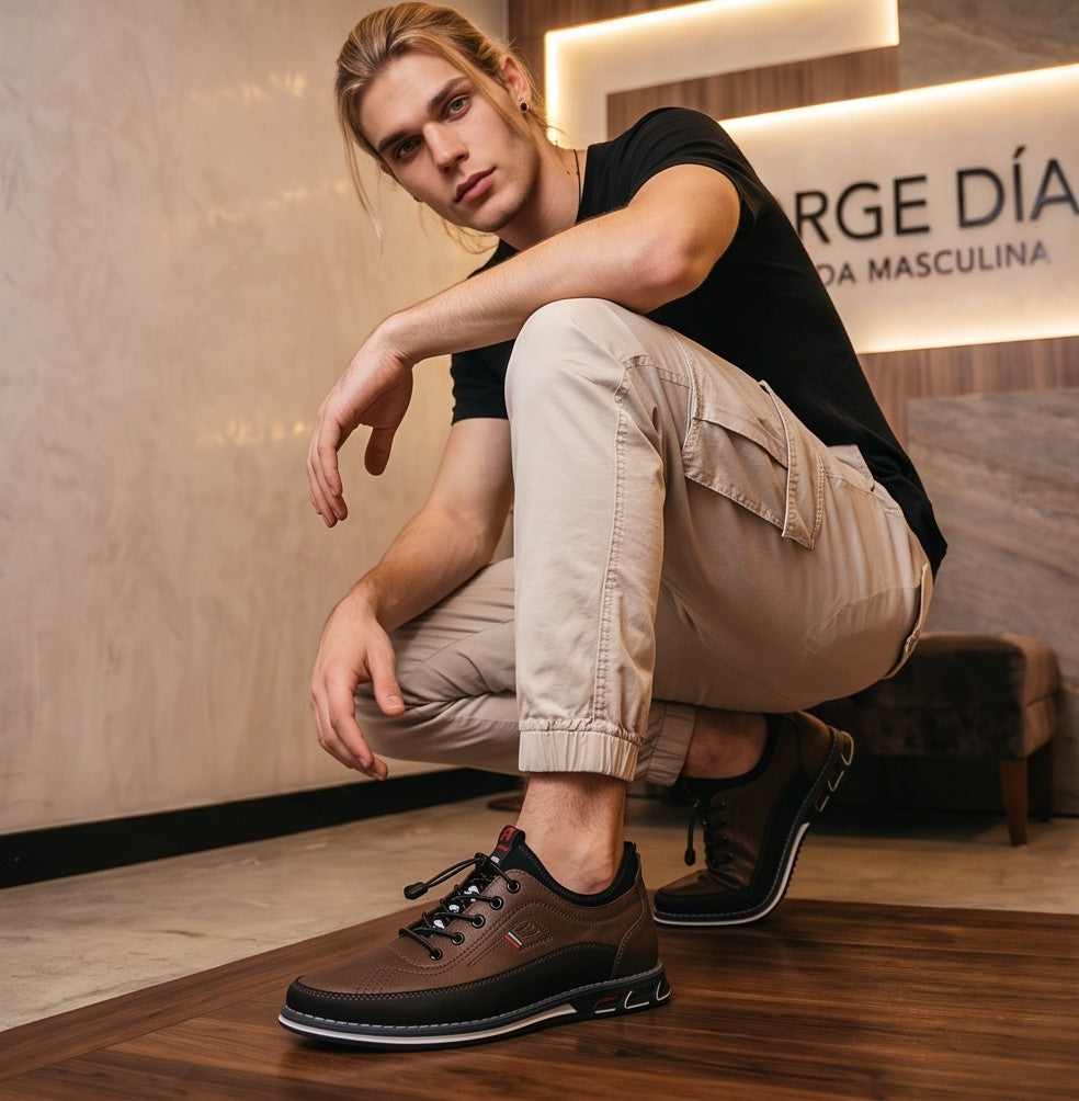 Zapato casual y ergonómico para hombre en acabado de cuero con cordones elásticos ajustables y suela deportiva antideslizante, disponible en cuatro colores: negro, gris, marrón café y camel.