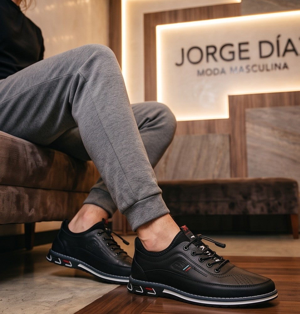 Zapato casual y ergonómico para hombre en acabado de cuero con cordones elásticos ajustables y suela deportiva antideslizante, disponible en cuatro colores: negro, gris, marrón café y camel.