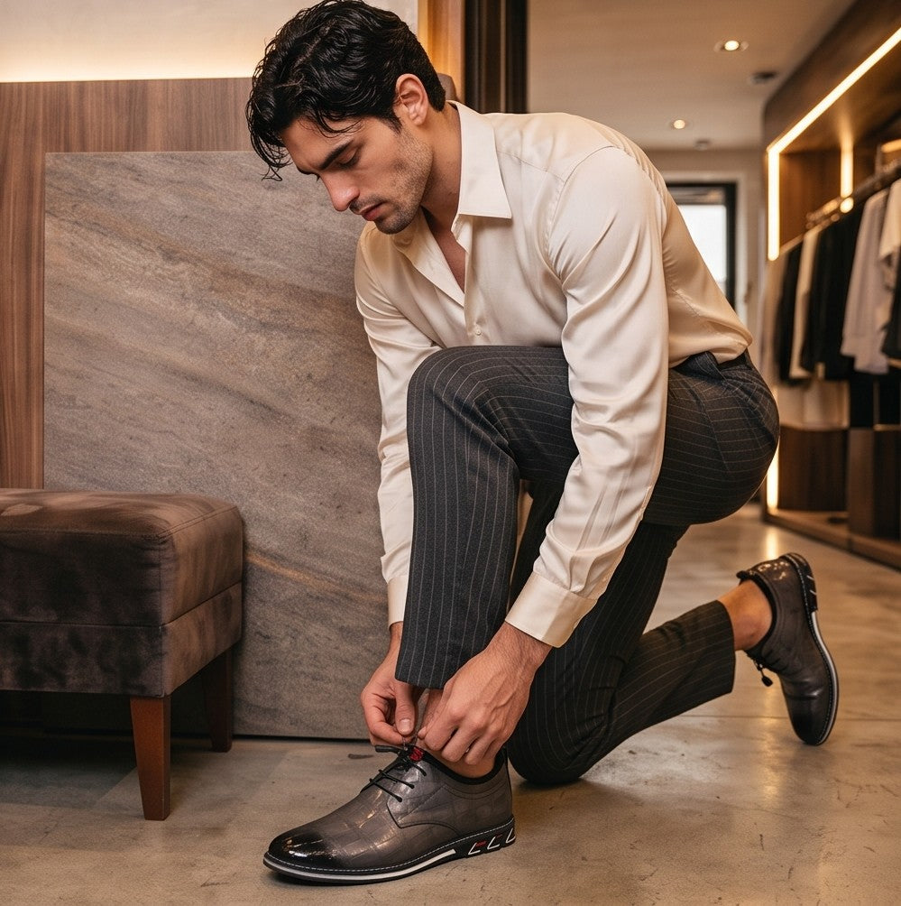 Zapatos híbridos de vestir y estilo casual para hombre con textura efecto piel de cocodrilo brillante, sistema de cordones elásticos ajustables con tanca y suela deportiva ergonómica antideslizante, disponibles en color negro, marrón café y gris degradado.