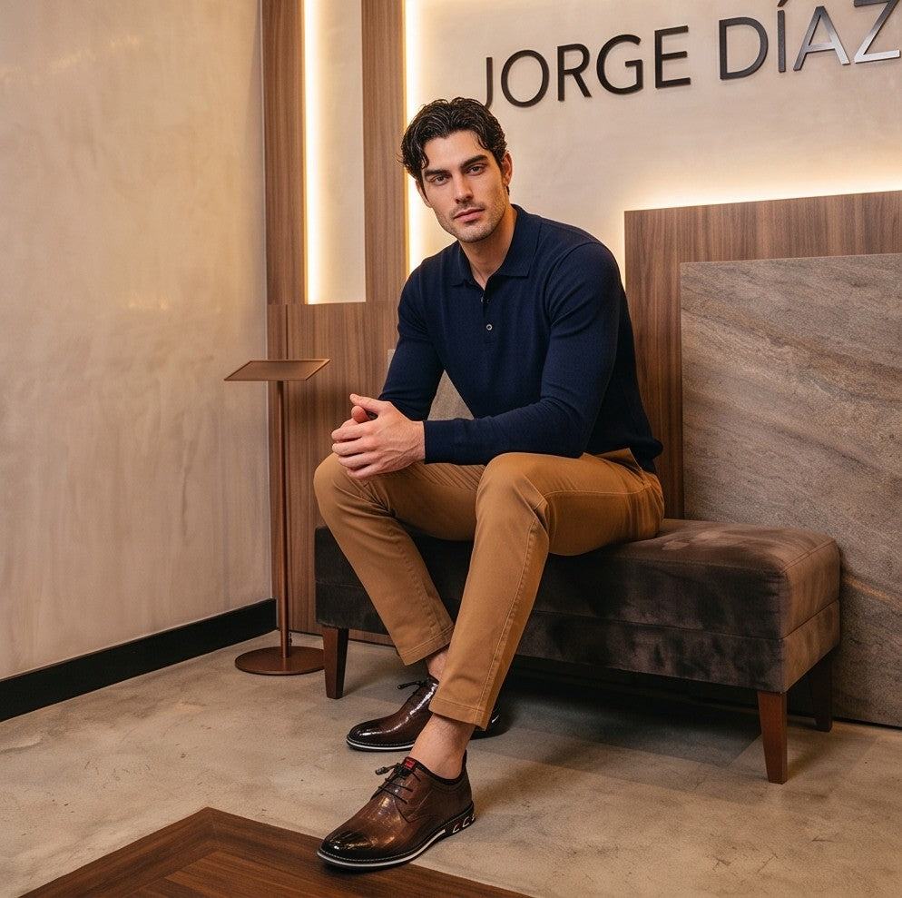 Zapatos híbridos de vestir y estilo casual para hombre con textura efecto piel de cocodrilo brillante, sistema de cordones elásticos ajustables con tanca y suela deportiva ergonómica antideslizante, disponibles en color negro, marrón café y gris degradado.