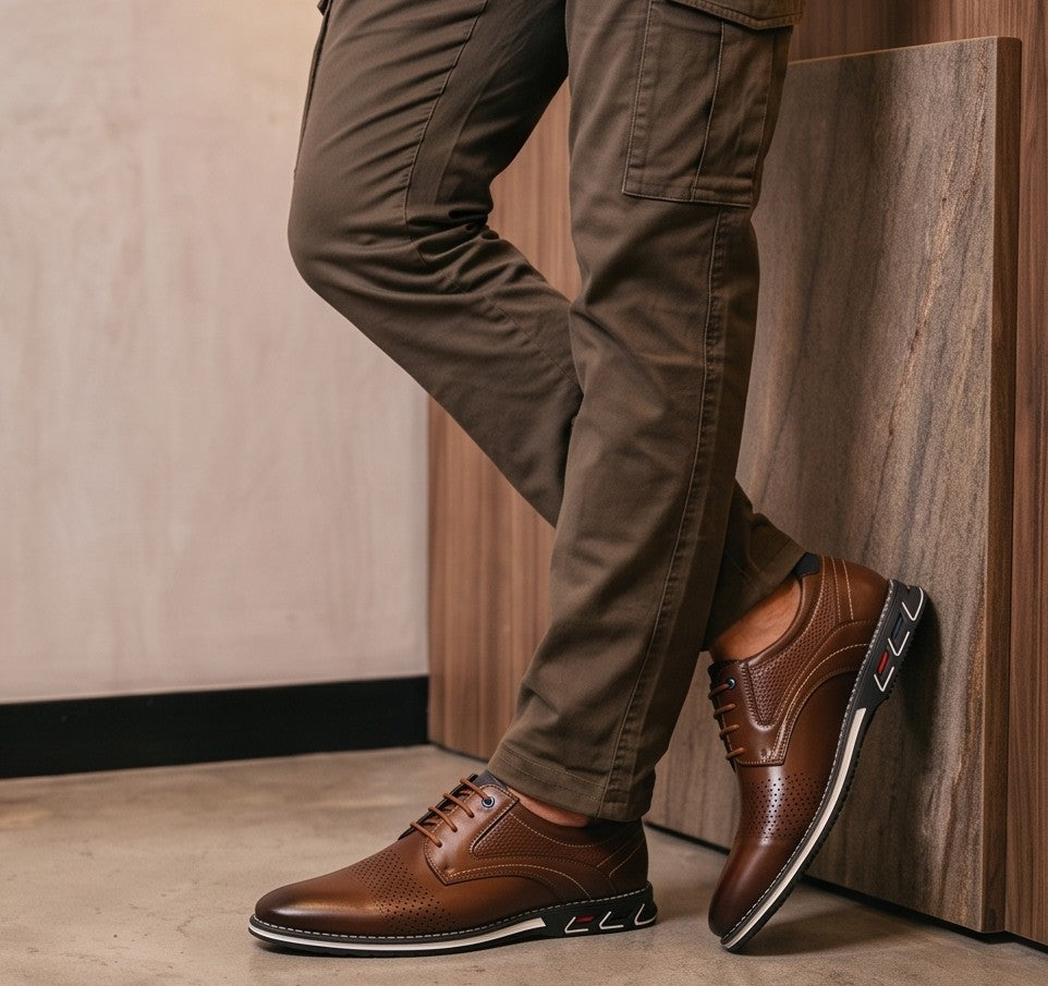 Zapatos oxford de hombre de cuero perforado en dos tonos, negro y marrón, con suela blanca y detalles de color en el talón.