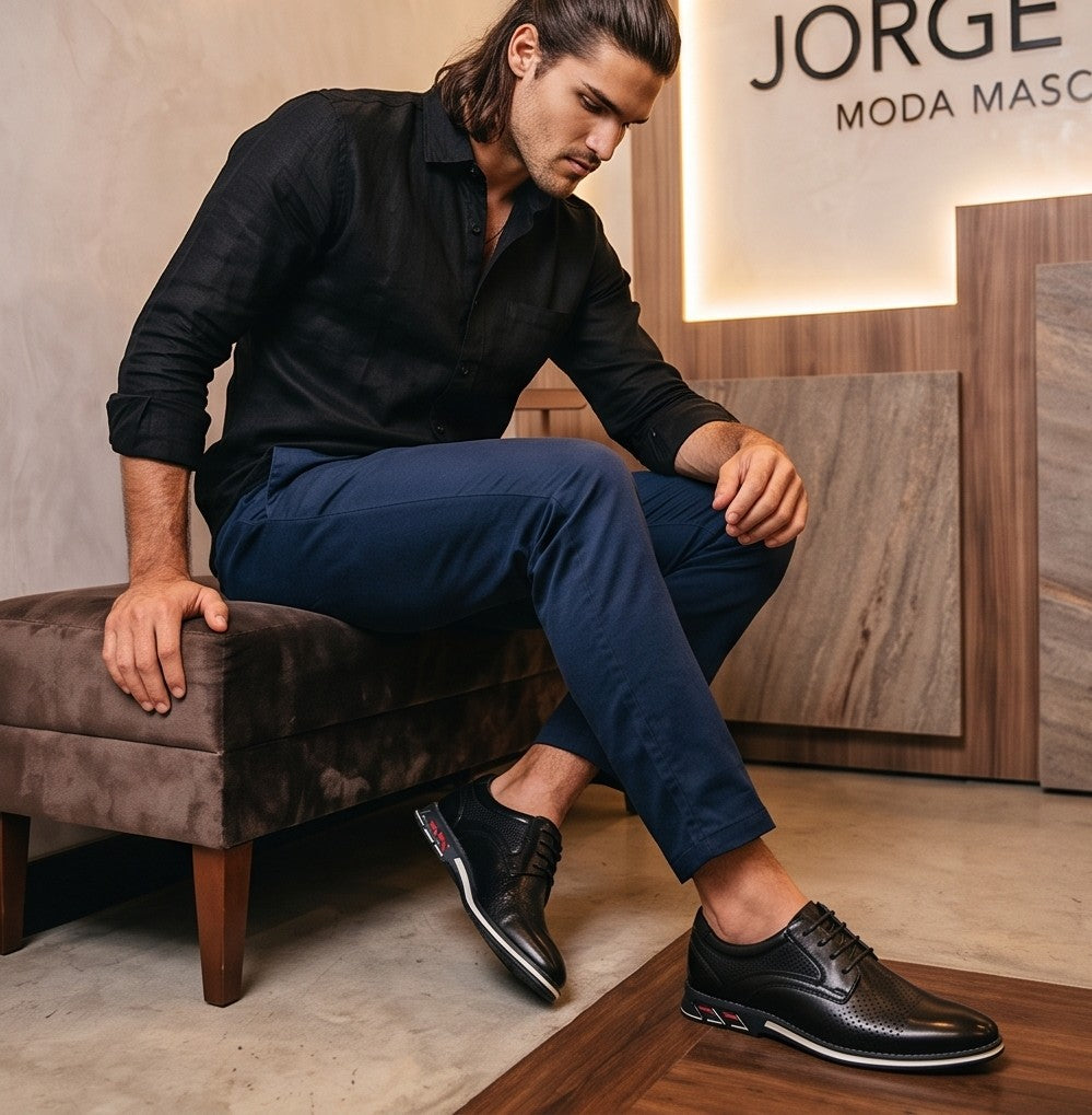 Zapatos oxford de hombre de cuero perforado en dos tonos, negro y marrón, con suela blanca y detalles de color en el talón.
