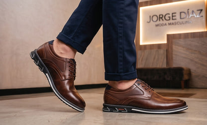 Zapatos derby híbridos de vestir para hombre en cuero sintético negro y marrón, con detalles microperforados en los laterales, costuras reforzadas al tono, cordones encerados y suela deportiva ergonómica antideslizante con ribete blanco