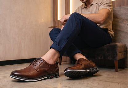 Zapatos derby híbridos de vestir para hombre en cuero sintético negro y marrón, con detalles microperforados en los laterales, costuras reforzadas al tono, cordones encerados y suela deportiva ergonómica antideslizante con ribete blanco